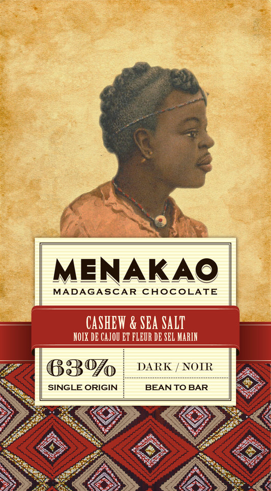 63% dark chocolate bar with cashew nuts and sea salt from Madagascar