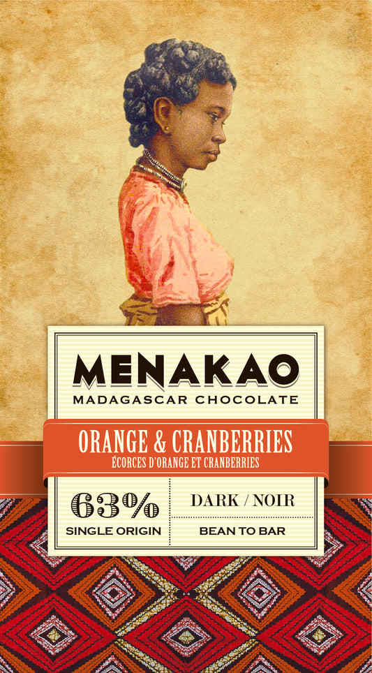 63% dark chocolate bar with orange and cranberry from Madagascar