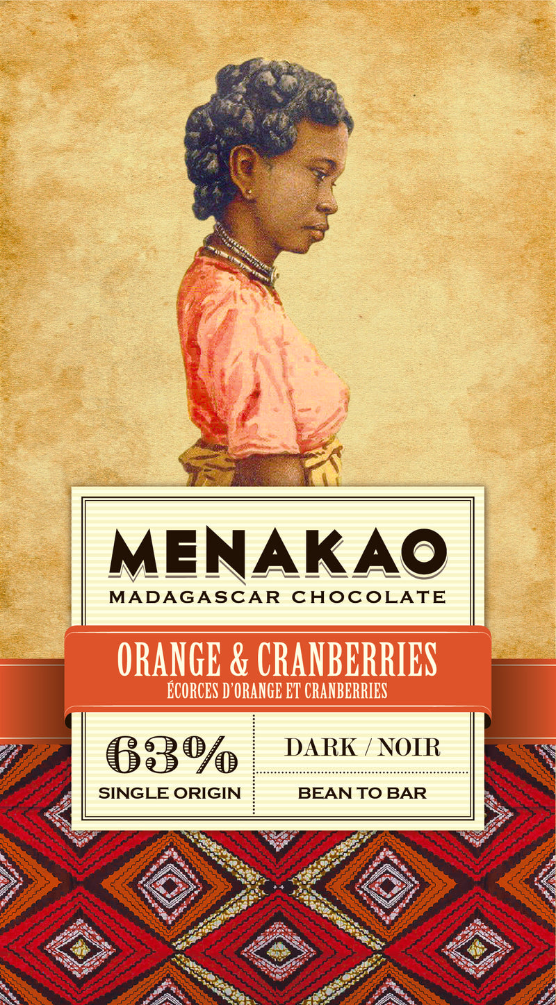 63% dark chocolate bar with orange and cranberry from Madagascar