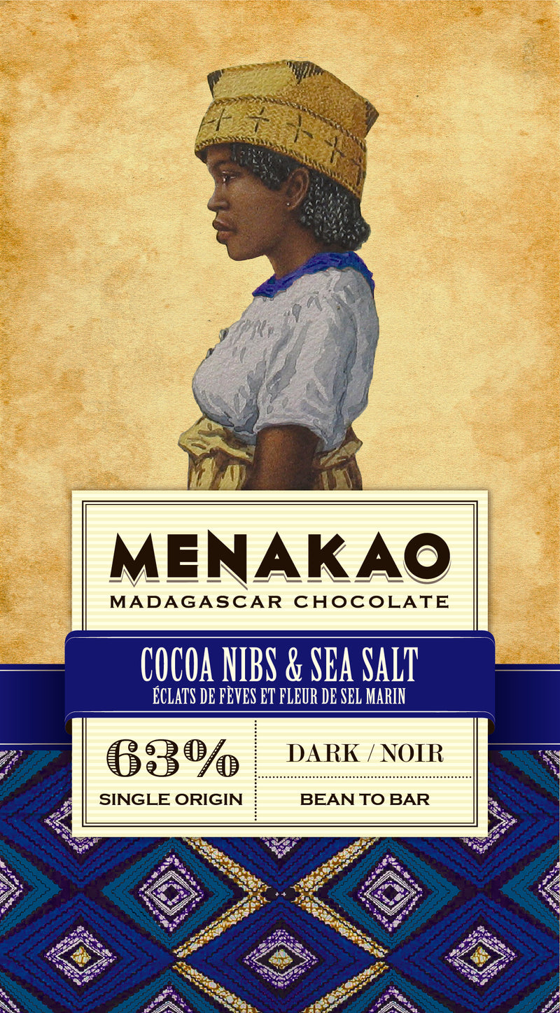 63% dark chocolate bar with cocoa nibs and sea salt from Madagascar