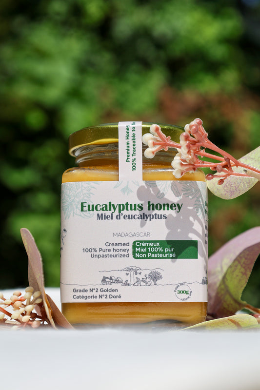 Eucalyptus honey jar in outdoor natural setting 